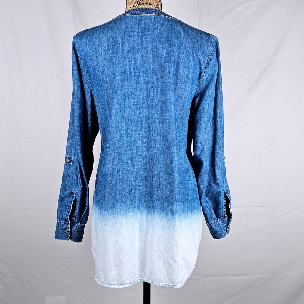 Beautiful J. Jill Denim Shirt Ombre Dip Dye Collarless Button Down Blue White M - Picture 10 of 13
